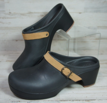 Crocs Sarah Women Black Slip On Clog Shoe Size 9 Dual Comfort Tan Strap Heeled - £16.76 GBP