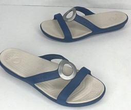 CROCS Classic Sanrah Women 7 Navy/ Beige &amp; Silver Circle Slip On Slides Sandals  - £27.77 GBP