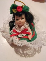 Vtg Porcelain Doll Christmas Ornament Mini Girl Green Dress Brown Hair Victorian - £14.21 GBP