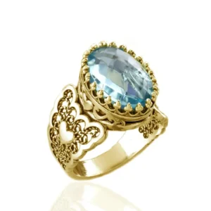 Double Heart Detailed Blue Topaz Gemstone Filigree Art Gold Plated Sterling Silv - £53.95 GBP