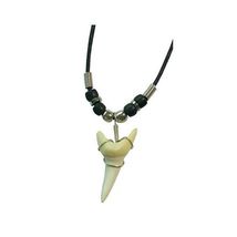 LARGE SHARK TOOTH PENDANT ON BLACK ROPE NECKLACE W SILVER BEADS mens wom... - $6.60