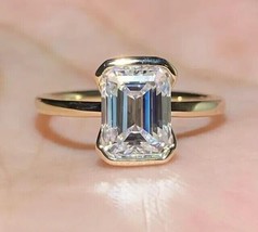 2Ct Emerald Cut Lab Created Diamond Half Bezel Ring 14K Yellow Gold Plated - £109.97 GBP