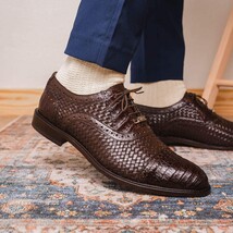 John Classic Oxford Woven Calfskin Genuine Caiman Crocodile Brown image 10