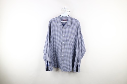 Untuckit Mens Large Distressed Flannel Collared Button Shirt Blue Plaid ... - $24.70