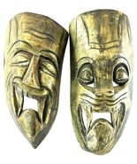 Pair Of Hand Carved Wooden Tribal Masks 12” Gold Painted Mexico Appenheim - €15,49 EUR