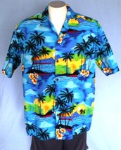 Aloha Republic XL Button Down Hawaiian Shirt with Pocket Palms Sunset Water - £19.69 GBP