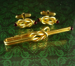Garnet Jeweled Love Knot Cufflinks Tie clip Vintage Anson Designer Cuff link  - £139.88 GBP