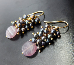 Gold Pearl Earrings, Charcoal Clusters, Purple Glass Drops, Oil Slick Vermeil Da - £32.14 GBP