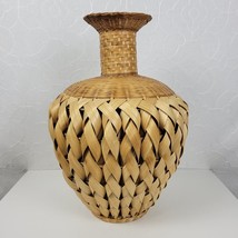 Vintage Woven Palm Vase Basket 17.5&quot; Brown Modern Boho Indoor Outdoor Decor - $48.26