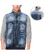 Men&#39;s Distressed Full Zip Up Casual Cotton Blue Denim Biker Jean Jacket ... - $60.67 CAD