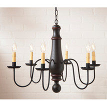 6-Arm  Wood Chandelier in Sturbridge Black with Red Stripe Colonial Farmhouse - £367.59 GBP