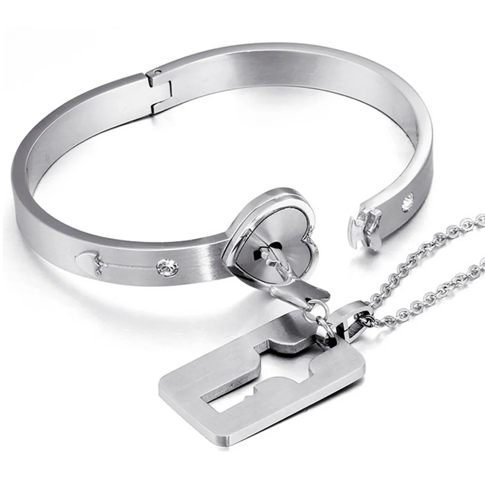 2Pcs/Set Couple Lovers Jewelry Love Heart Lock Bracelet Stainless Steel Bracelet - £17.42 GBP
