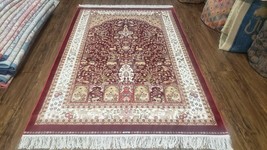 Silk Carpet 4x6 Dark Red &amp; Cream Tree of Life Rug Birds Deer Rabbits Bamboo Silk - £494.78 GBP