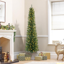 6FT Pre-Lit Pencil Christmas Tree,Green Artificial Xmas Trees, 150 LED W... - $74.43