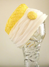 Straw Pillbox Hat Vintage Yellow Woven White Chiffon Size Small Hat - $31.68