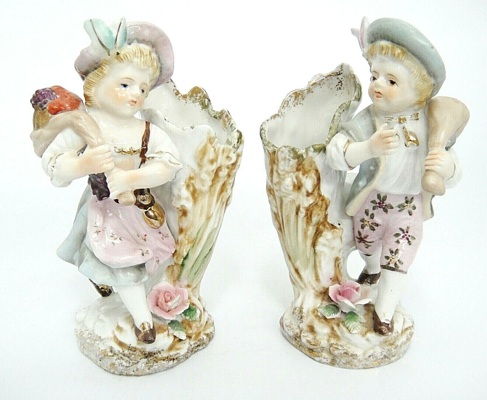 Vintage Ucagco Pair Figural Spill Vases Peasant Boy and Girl 6" Traveler Hikers - $18.80