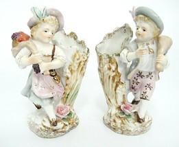 Vintage Ucagco Pair Figural Spill Vases Peasant Boy and Girl 6&quot; Traveler Hikers - £15.02 GBP