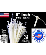 100 White 8&quot; inch Wire Cable Zip Ties Nylon Tie Wraps 50lb USA Made Tige... - £8.46 GBP