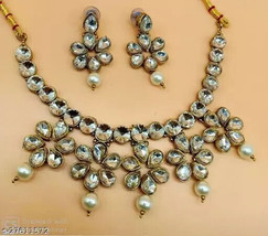 Choker Indian CZ/AD Joharibazar GoldPlated Necklace Kundan Earrings Jewelry Seta - £25.19 GBP