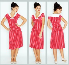 Polka Dot Dress Party Work Retro Style Collared Short Sleeve Made In Europe - £94.12 GBP