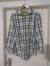 Robert Graham Mens Shirt Embroidered Flip Cuff Blue Plaid XL Silver Butt... - $16.50