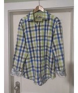 Robert Graham Mens Shirt Embroidered Flip Cuff Blue Plaid XL Silver Butt... - $301.36 MXN