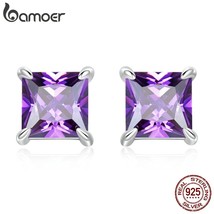 Bamoer 925 Silver Purple Square Zircon Stud Earrings for Women Geometric Ear Stu - £17.46 GBP