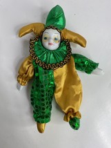 New Orleans Porcelain Baby Clown Jester Doll Mardi Gras Musical, Green / Gold - £11.95 GBP