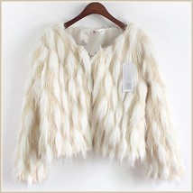 Long Tufted White Haired Ivory Faux Fur Short Coat Jacket Inside Covered Buttons image 5