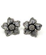 Vintage Black &amp; Clear Rhinestone Flower Large Earrings – Clip-On Thelma ... - $15.99