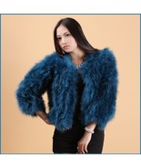 Turquoise Blue Ostrich Feather Wool Fur Waist Length Fashion Coat Jacket - $234.95