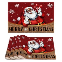 Linen African American Christmas Placemats Set Of 4 Black Santa Christmas Table  - £15.14 GBP