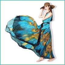 Bohemian Blue Peacock Print Chiffon Sleeveless Long Flare Summer Beach Dress