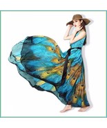 Bohemian Blue Peacock Print Chiffon Sleeveless Long Flare Summer Beach D... - £75.08 GBP