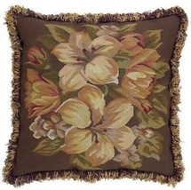 Aubusson Throw Pillow 23x23 Flower Leaf Brown,Green Handwoven Wool - £210.42 GBP