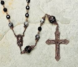 New Heirloom Bronze and Black Beaded Rosary Necklace 22 Inches Long 4649... - $45.98