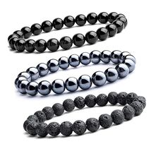Natural Stone Bead Bracelets Set, Hematite, Black Onyx and Lava Rock, 8m... - $27.61