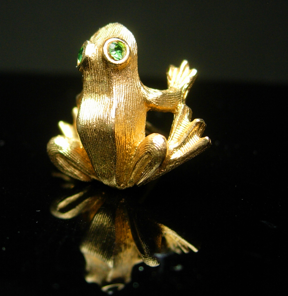 Primary image for Kiss a FROG Tie tack gold frogger rhinestone eye Toad whimsical mens gift hipste
