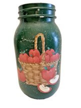 Mason Quart Jar Hand Painted Rustic Folksy Basket of Red Apples Green 6.5" Tall - $23.24