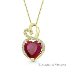 Double-Heart Simulated Ruby Cubic Zirconia Crystal Pave 14k Yellow Gold Pendant - £132.93 GBP+