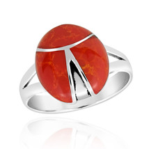 Minimalist Ladybug Inspired Red Coral  Inlay Sterling Silver Ring-7 - £18.59 GBP