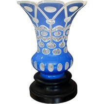Blue Cut To Clear Art Glass Vase Deco Wooden Base Unsigned Heavy Europea... - £186.84 GBP