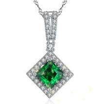 2.50 Ct Lab-Created Emerald &amp; Diamond Halo Square Pendant 14K White Gold Silver - £116.70 GBP