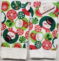 Set Of 2 Kitchen Towels(15&quot;x25&quot;) Christmas,Snowmen,Santa &amp; Snowflakes Circles,Am - £8.55 GBP