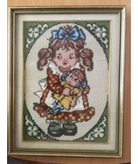 Vintage needlepoint needlework embroidery hand craft girl with doll framed - £64.51 GBP