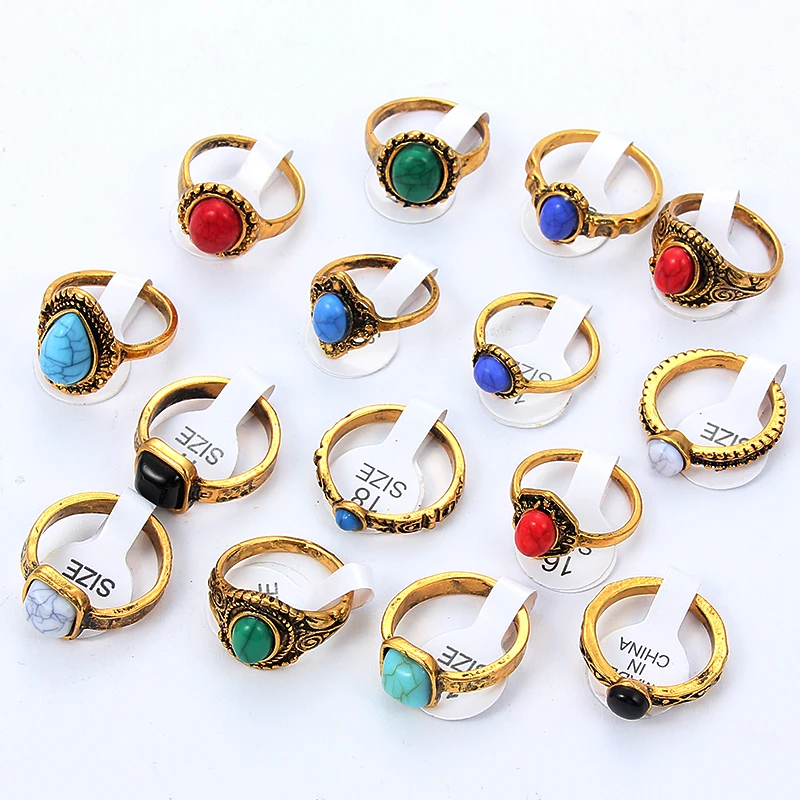 Mixed Bohemia Style Natural Blue Red Stone Rings Tibetan Silver Tone Size 16 17  - £17.80 GBP