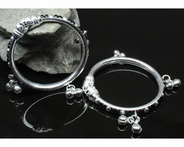 Indian Elephant Face Real Silver Kids Bangles Bracelet with Jingle Bells - Pair - £37.06 GBP