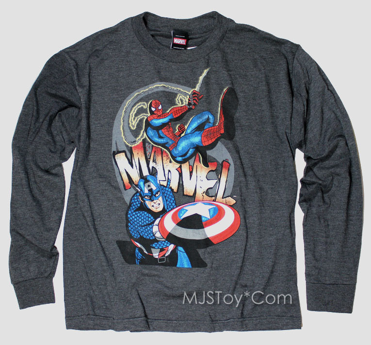 NWT Boy Marvel Spiderman Captain America Long Sleeve Gray T-Shirt License Tee XL - £14.08 GBP