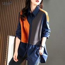  Cottonspliced Fake Two Piece Turn-down Collar Women Shirt Contrasting Colors Ko - £59.55 GBP