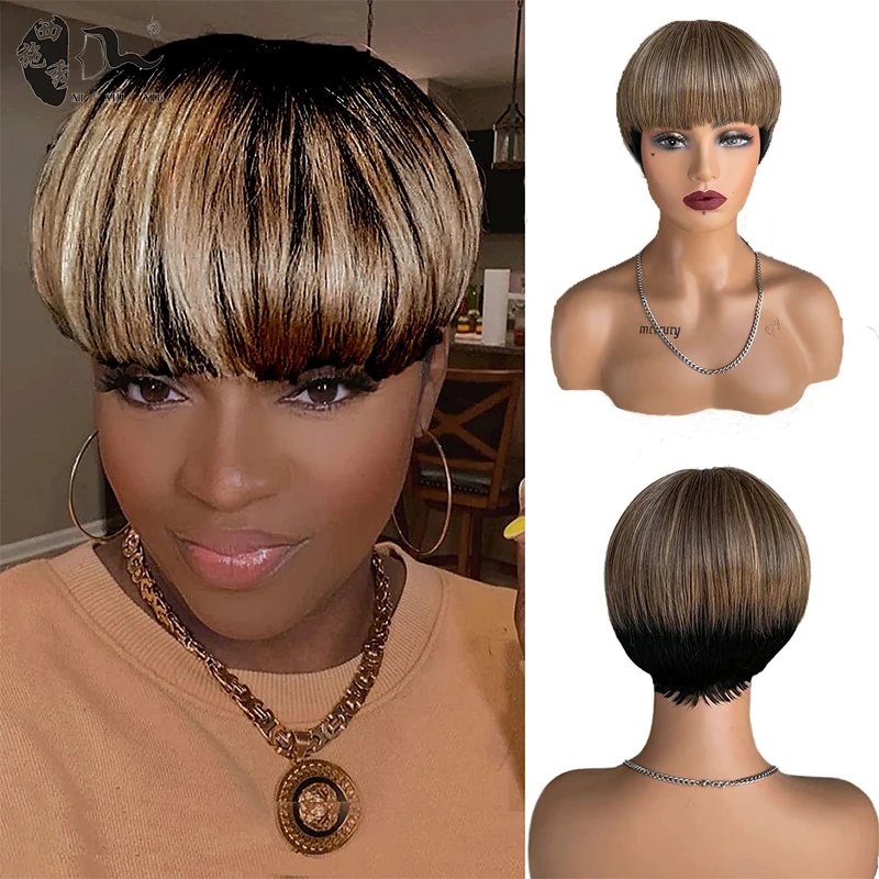 Short Highlight Straight Pixie Hair Wigs Bowl Cut Synthetic Wigs With Ba... - £17.86 GBP